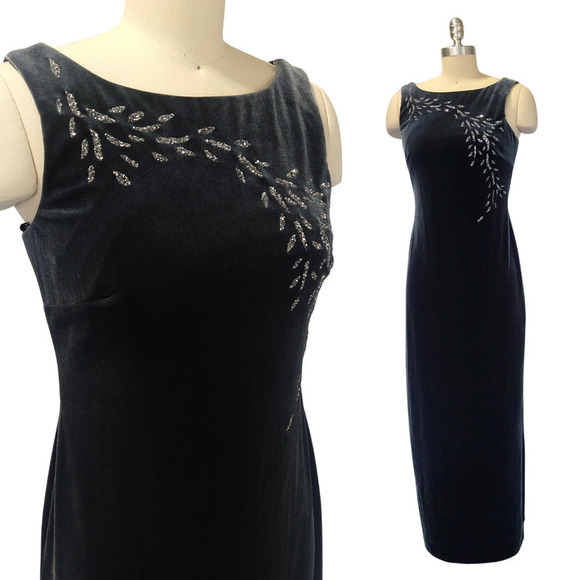 Vintage 90s Velvet Prom Dress Size 4P Gray Glitter Sparkle Sleeveless Stretch - Picture 1 of 13